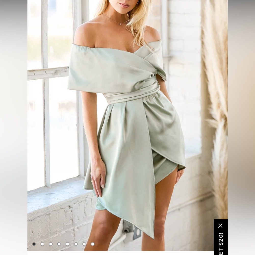 Lulus always celebrating sage green satin shoulder mini dress